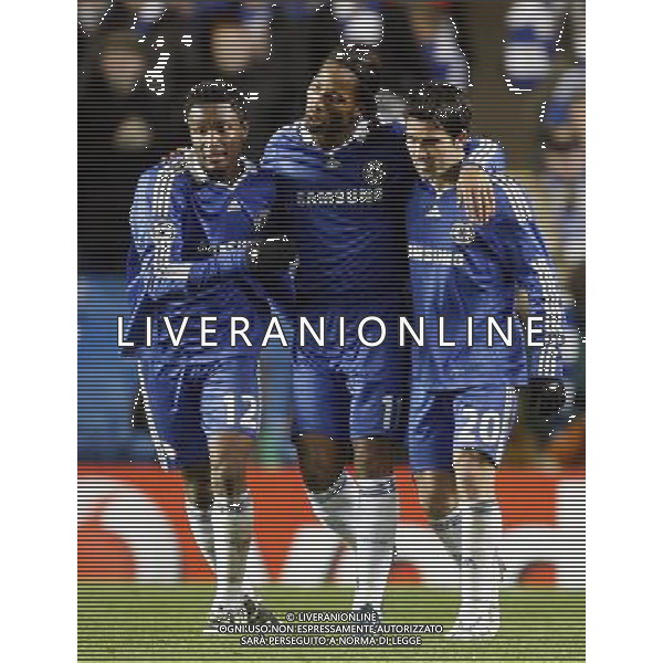 Didier Drogba of Chelsea celebrates after scoring for his team with Deco of Chelsea and Mikel John Obi of Chelsea : Chelsea fc vs CFR Cluj match No: 6 for the Champions League in Group A at Stamford Bridge in London (UK) on 09/12/2007. Picture By Marcello Pozzetti ©IPS Photo Agency :21 Delisle Road London SE28 0JD mobile: 07973 308 835 AG ALDO LIVERANI ONLY ITALY 