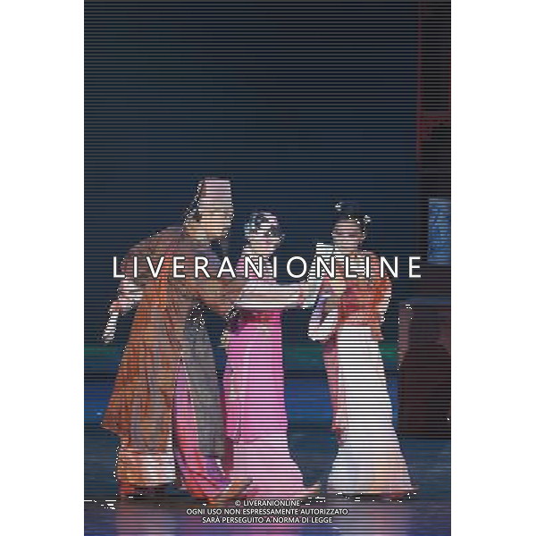 CHENGDU - NOVEMBER 26: Artists perform during the drama Peony Pavilion in Chengdu of southwest China\'s Sichuan province Wednesday, Nov. 26, 2008. The drama Peony Pavilion, a 16th-century tale of love, death and resurrection written by Tang Xianzu (1550-1616), has served as inspiration for a number of artists from all kind of genres, from Kunqu Opera to drama and ballet. Choreographed by Ying Zhiqi, Lu Ling and Wu Ning, this four-act full-length dance revolves around the love between Du Liniang (played by Hu Qinxin) and Liu Mengmei (played by Xu Peng), a love that extends over three lifetimes.(Photo By Qin Wang/ColorChinaPhoto) - AG. ALDO LIVERANI SAS ITALY ONLY