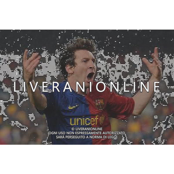 firo Fussball, Fu§ball : 08.04.2009 CL, Champions League : Saison 2008/09 FC Barcelona - FC Bayern MŸnchen Jubel Lionel Messi , Barcelona PH.AG ALDO LIVERANI SAS only for italy 