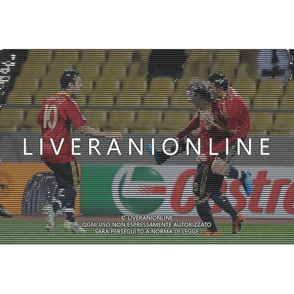 fernando torres, cesc fabregas e david villa esultanza dopo il gol del 0-1( Spain) JUNE 14, 2009 - Football : fifa confederation cup south africa 2009, Group Stage A, final match between New Zeland 0-5 Spain at Royal Bafokeng Stadium ,Rustenburg, South Africa. Nuova Zelanda - Spagna Fifa Confederation Cup SudAfrica 14/06/2009 ©Agenzia Aldo Liverani Sas 