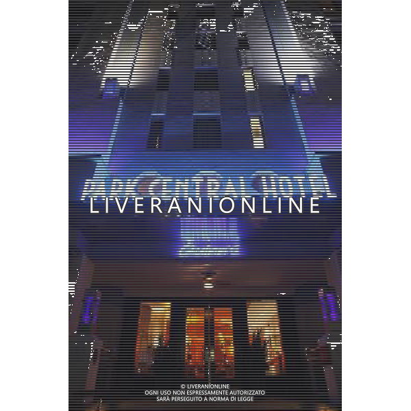 Night scene of the blue lights of the Park Central Hotel in the art deco district on Ocean Drive on Miami Beach, America /Agenzia Aldo Liverani Sas - ITALY ONLY -