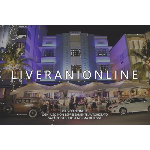 Night scene of the blue lights of the Casablanca Hotel in the art deco district on Ocean Drive on Miami Beach, America /Agenzia Aldo Liverani Sas - ITALY ONLY -