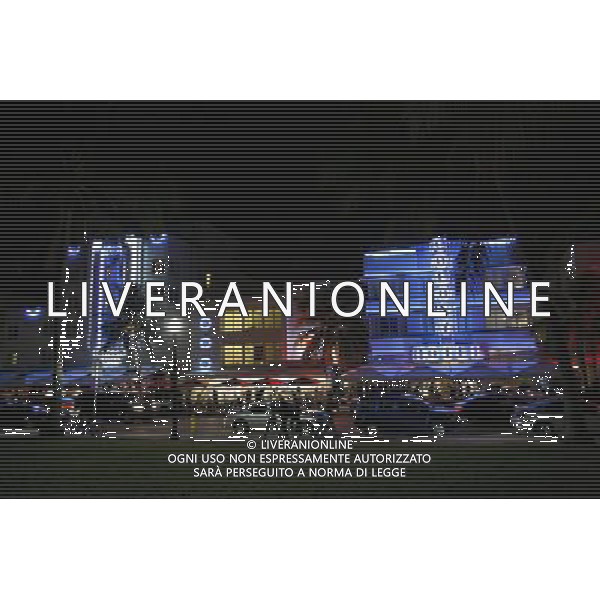 Night scene of the blue lights of the Colony Hotel and the Beacon Hotel on Ocean Drive on Miami Beach, America /Agenzia Aldo Liverani Sas - ITALY ONLY -