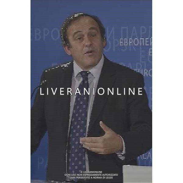 UEFA soccer organization, President Michel Platini holds a press conference after meeting with European parliament President , Polish, Jerzy Buzek (not in the picture) at EU Parliament in Brussels, Belgium on 2009-11-05 Michel Platini, the head of the Union of European Football Associations, is pleading with European officials for an American-style system that restricts spending to a percentage of every soccer teams revenues. © by Wiktor Dabkowski /Agenzia Aldo Liverani Sas - ITALY ONLY -