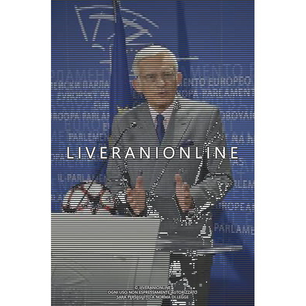 European parliament President , Polish, Jerzy Buzek holds a press conference after meetingwith UEFA soccer organization, President Michel Platini (not in the picture) at EU Parliament in Brussels, Belgium on 2009-11-05 Michel Platini, the head of the Union of European Football Associations, is pleading with European officials for an American-style system that restricts spending to a percentage of every soccer teams revenues. © by Wiktor Dabkowski /Agenzia Aldo Liverani Sas - ITALY ONLY -