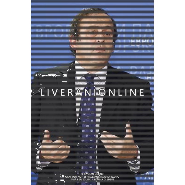 UEFA soccer organization, President Michel Platini holds a press conference after meeting with European parliament President , Polish, Jerzy Buzek (not in the picture) at EU Parliament in Brussels, Belgium on 2009-11-05 Michel Platini, the head of the Union of European Football Associations, is pleading with European officials for an American-style system that restricts spending to a percentage of every soccer teams revenues. © by Wiktor Dabkowski /Agenzia Aldo Liverani Sas - ITALY ONLY -