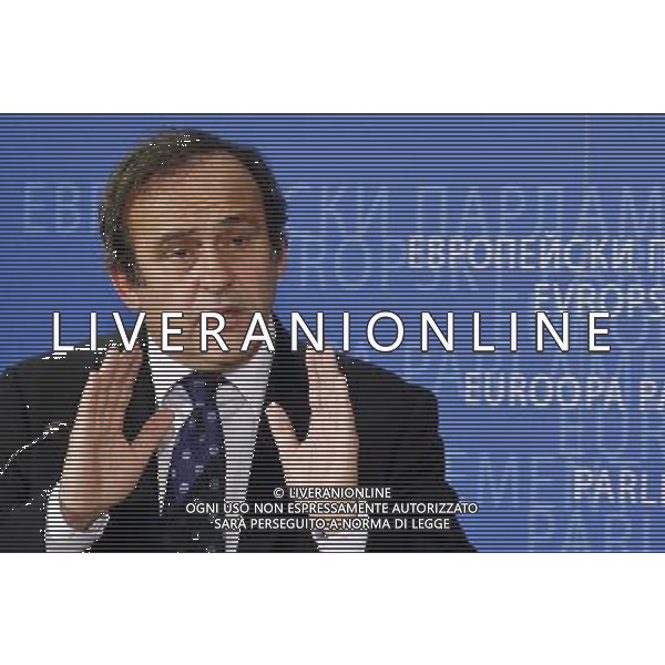 UEFA soccer organization, President Michel Platini holds a press conference after meeting with European parliament President , Polish, Jerzy Buzek (not in the picture) at EU Parliament in Brussels, Belgium on 2009-11-05 Michel Platini, the head of the Union of European Football Associations, is pleading with European officials for an American-style system that restricts spending to a percentage of every soccer teams revenues. © by Wiktor Dabkowski /Agenzia Aldo Liverani Sas - ITALY ONLY -