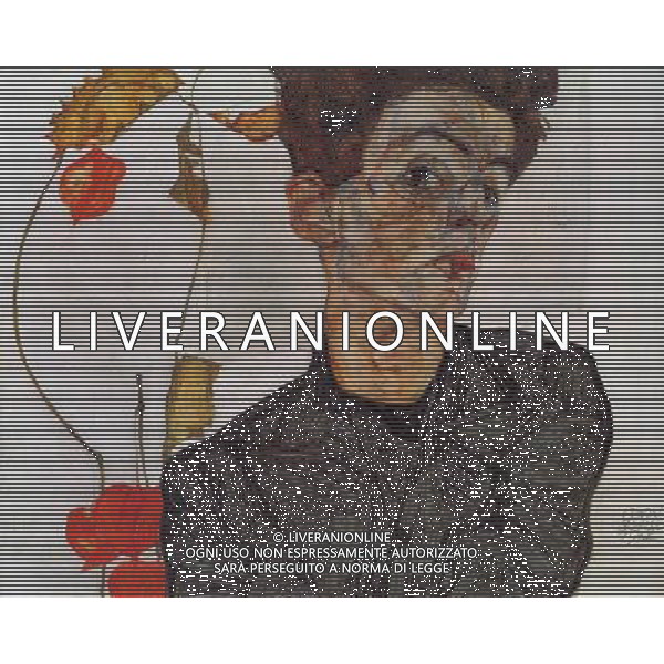 MILANO PALAZZO REALE 25 FEBBRAIO/6 GIUGNO 2010 TUTTE LE OPERE PROVENGONO DAL LEOPOLD MUSEUM DI VIENNA MOSTRA: \'SCHIELE ED IL SUO TEMPO\' NELLA FOTO EGON SCHIELE, AUTORITRATTO CON ALCHECHENGI 1912 OLIO E VERNICI OPACHE SU TAVOLA; 32,4X40,2cm FOTO AG ALDO LIVERANI