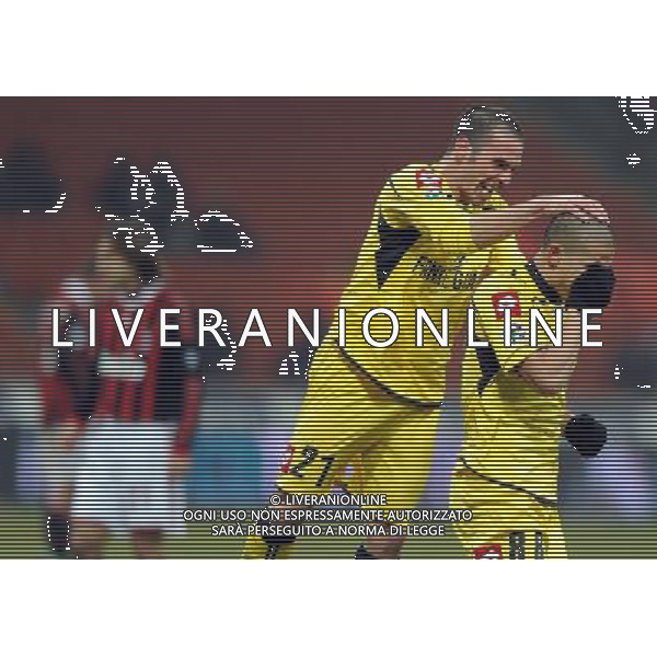 Coppa Italia TIM Cup 2009/2010 Quarti di Finale Milano - 27.01.2010 Milan-Udinese Nella Foto:ESULTANZA DOPO IL GOL DI INLER DEL 0-1 CON GAETANO D\'AGOSTINO /Ph.Vitez-Ag. Aldo Liverani
