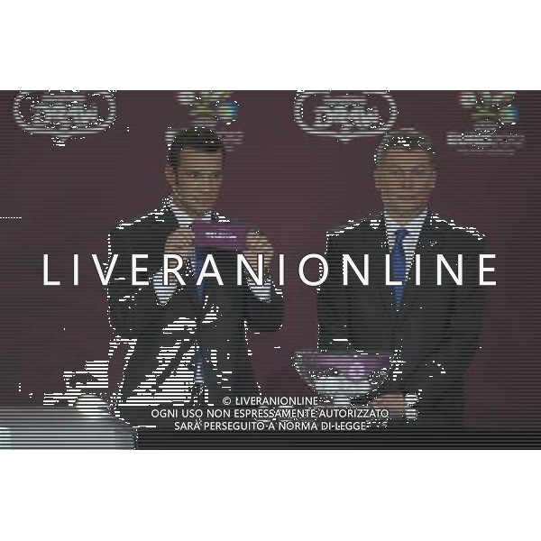 Ukrainian football star Andriy Shevchenko (L) draws Belgium next the former Ukrainian soccer player Oleg Blokhin durnig the UEFA EURO 2012 qualifying Draw Cremony in the Congress Hall of the Palace of Culture and Science in Warsaw, Poland, 7 February 2010. /Agenzia Aldo Liverani Sas - ITALY ONLY - VARSAVIA: SORTEGGI DI QUALIFICAZIONE AGLI EUROPEI DI CALCIO UCRAINA-POLONIA 2012