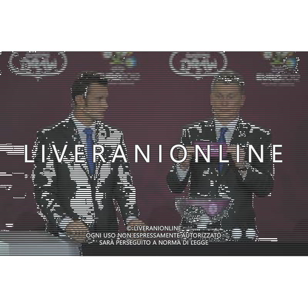 Ukrainian former football star Oleg Blokhin (R) draws Cyprus next the Ukrainian soccer player Andriy Shevchenko (L) durnig the UEFA EURO 2012 qualifying Draw Cremony in the Congress Hall of the Palace of Culture and Science in Warsaw, Poland, 7 February 2010. /Agenzia Aldo Liverani Sas - ITALY ONLY - VARSAVIA: SORTEGGI DI QUALIFICAZIONE AGLI EUROPEI DI CALCIO UCRAINA-POLONIA 2012