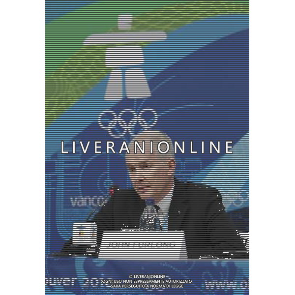 (100212) -- VANCOUVER, Feb. 12, 2010 -- Vancouver Organizing Committee CEO John Furlong speaks during an IOC press conference at the Main Press Centre in Vancouver, Canada, before the official start of the 2010 Winter Olympics on February 12, 2010. IOC President Jacques Rogge expressed condolence to Georgian luger Nodar Kumaritashvili who died on Friday after crashing while making a practice run in training in Whistler. Han Yan) (hy) /Agenzia Aldo Liverani Sas - ITALY ONLY - Conferenza Stampa del presidente del Cio, Jacques Rogge, durante la cerimonia d\'apertura dei XXI Giochi Olimpici Invernali alle Olimpiadi di Vancouver 2010 - CANADA