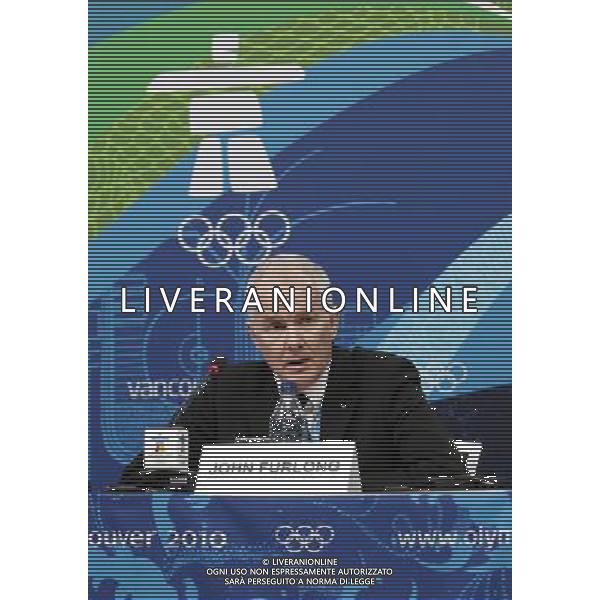 (100212) -- VANCOUVER, Feb. 12, 2010 -- Vancouver Organizing Committee CEO John Furlong speaks during an IOC press conference at the Main Press Centre in Vancouver, Canada, before the official start of the 2010 Winter Olympics on February 12, 2010. IOC President Jacques Rogge expressed condolence to Georgian luger Nodar Kumaritashvili who died on Friday after crashing while making a practice run in training in Whistler. Han Yan) (hy) /Agenzia Aldo Liverani Sas - ITALY ONLY - Conferenza Stampa del presidente del Cio, Jacques Rogge, durante la cerimonia d\'apertura dei XXI Giochi Olimpici Invernali alle Olimpiadi di Vancouver 2010 - CANADA