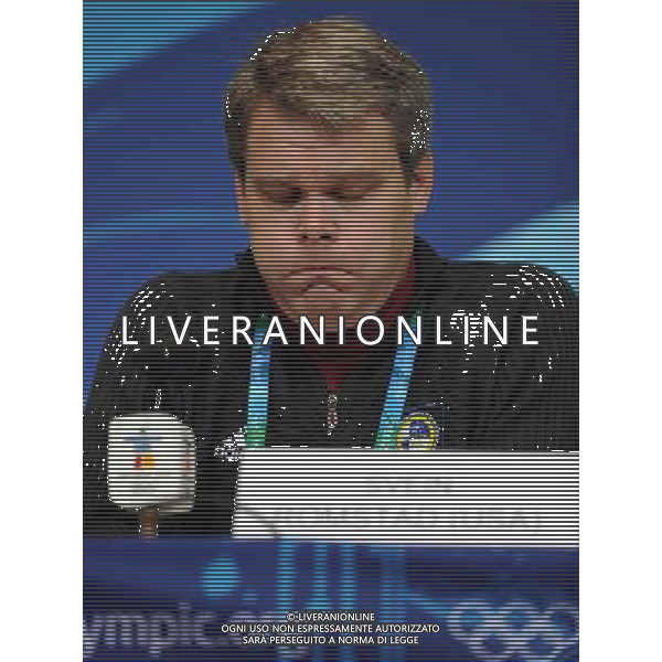 (100213) -- WHISTLER, Feb. 13, 2010 -- Svein Romstadt, the Secretary General of the International Luge Federation (FIL) reacts during a press conference on the the death of Georgian athlete Nodar Kumaritashvili, in Whislter, Canada, Feb. 13, 2010. Kumaritashvili was fatally injured during the final luge training session for the 2010 Olympic Winter Games in the last corner of the track at the Whistler Sliding Centre on February 12, 2010. Chen Kai) /Agenzia Aldo Liverani Sas - ITALY ONLY - 21mi GIOCHI OLIMPICI INVERNALI OLIMPIADI DI VANCOUVER 2010 (CANADA)