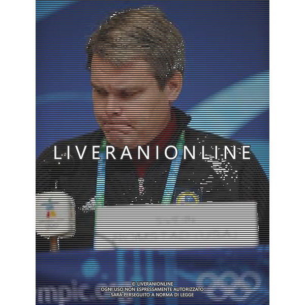 (100213) -- WHISTLER, Feb. 13, 2010 -- Svein Romstadt, the Secretary General of the International Luge Federation (FIL) reacts during a press conference on the the death of Georgian athlete Nodar Kumaritashvili, in Whislter, Canada, Feb. 13, 2010. Kumaritashvili was fatally injured during the final luge training session for the 2010 Olympic Winter Games in the last corner of the track at the Whistler Sliding Centre on February 12, 2010. Chen Kai) /Agenzia Aldo Liverani Sas - ITALY ONLY - 21mi GIOCHI OLIMPICI INVERNALI OLIMPIADI DI VANCOUVER 2010 (CANADA)