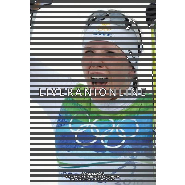 (100215) -- WHISTLER, Feb. 15, 2010 () -- Sweden\'s Charlotte Kalla reacts after the women\'s Cross-Country Skiing 10km free at the 2010 Winter Olympic Games in Whistler Olympic Park, Canada, Feb. 15, 2010. Kalla won the gold of the event with 24:58.4. (/Chen Kai) /Agenzia Aldo Liverani Sas - ITALY ONLY - CANADA: 21mi GIOCHI OLIMPICI DI VANCOUVER 2010 - SPECIALITA\' GARA FEMMINILE CROSS COUNTRY (SCI DI FONDO A TECNICA LIBERA) 10 KM.