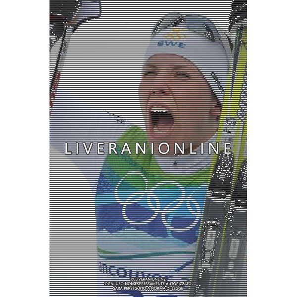 (100215) -- WHISTLER, Feb. 15, 2010 () -- Sweden\'s Charlotte Kalla reacts after the women\'s Cross-Country Skiing 10km free at the 2010 Winter Olympic Games in Whistler Olympic Park, Canada, Feb. 15, 2010. Kalla won the gold of the event with 24:58.4. (/Chen Kai) /Agenzia Aldo Liverani Sas - ITALY ONLY - CANADA: 21mi GIOCHI OLIMPICI DI VANCOUVER 2010 - SPECIALITA\' GARA FEMMINILE CROSS COUNTRY (SCI DI FONDO A TECNICA LIBERA) 10 KM.