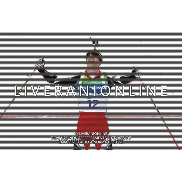 (100216) -- WHISTLER, Feb. 16, 2010 () -- Austria\'s Christoph Sumann reacts after corssing the finish line during the men\'s 12.5km pursuit of biathlon at the 2010 Winter Olympic Games in Whistler Olympic Park, Canada, Feb. 16, 2010. Christoph Sumann won the silver medal of the event. (/Chen Kai) /Agenzia Aldo Liverani Sas - ITALY ONLY - 21mi GIOCHI OLIMPICI INVERNALI OLIMPIADI DI VANCOUVER 2010 (CANADA)