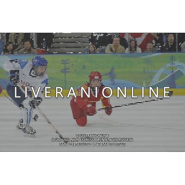 (100216) -- VANCOUVER, Feb. 16, 2010 () -- China\'s Zhang Shuang (R) struggles for the ball during the women\'s preliminary round group B match of ice hockey with Finland at the 2010 Winter Olympic Games in Vancouver, Canada, on Feb. 16, 2010. China lost 1-2. (/Wu Wei) (hy) /Agenzia Aldo Liverani Sas - ITALY ONLY - 21mi GIOCHI OLIMPICI INVERNALI OLIMPIADI DI VANCOUVER 2010 (CANADA)