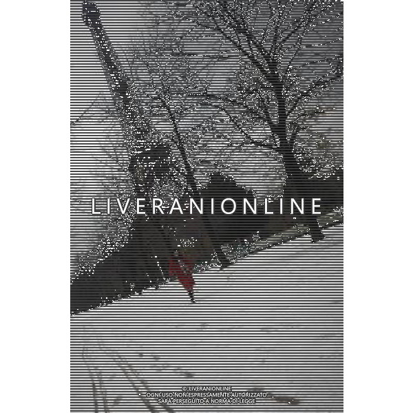 (100211) -- PARIS, Feb. 11, 2010 () -- A woman walks on the snow-covered ground near the Eiffel Tower in Paris, capital of France, on Feb. 10, 2010. The traffic in France was severely affected by the snow hitting here on Wednesday. (/Zhang Yuwei) (wjd) /Agenzia Aldo Liverani Sas - ITALY ONLY - PARIGI: LA TORRE EIFFEL SOTTO LA NEVE - NEVICATA