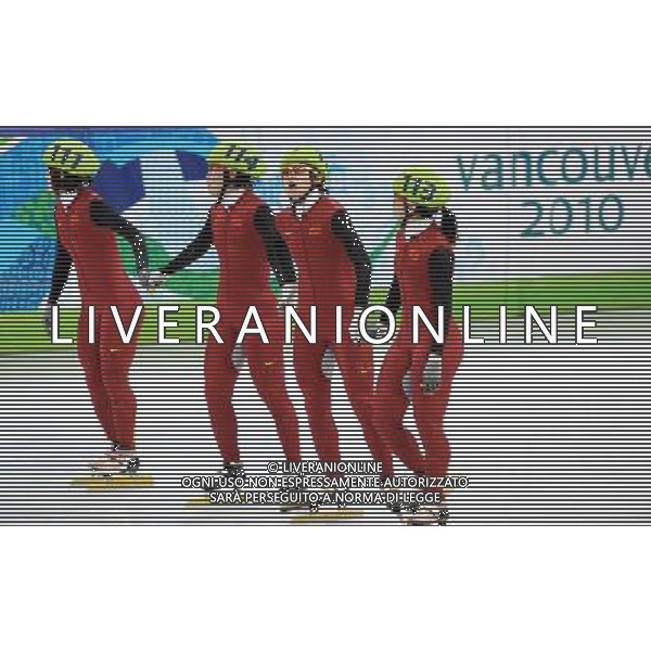 (100224) -- VANCOUVER, Feb. 24, 2010 () -- China\'s Sun Linlin, Zhou Yang, Wang Meng and Zhang Hui (L-R) react while waiting for the final judge after the women\'s 3000m relay final of short track speed skating at the 2010 Winter Olympic Games in Vancouver, Canada, Feb. 24, 2010. China\'s team won the title of the event with a world-record-breaking time 4:06.610. (/Chen Kai) /Agenzia Aldo Liverani Sas - ITALY ONLY - CANADA: 21mi GIOCHI OLIMPICI INVERNALI OLIMPIADI DI VANCOUVER 2010
