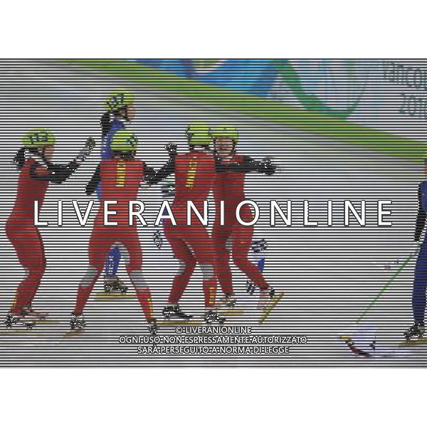(100224) -- VANCOUVER, Feb. 24, 2010 () -- China\'s skaters celebrate after the women\'s 3000m relay final of short track speed skating at the 2010 Winter Olympic Games in Vancouver, Canada, Feb. 24, 2010. China\'s team won the title of the event with a world-record-breaking time 4:06.610. South Korea\'s team was disqualified. (/Yang Lei) /Agenzia Aldo Liverani Sas - ITALY ONLY - CANADA: 21mi GIOCHI OLIMPICI INVERNALI OLIMPIADI DI VANCOUVER 2010