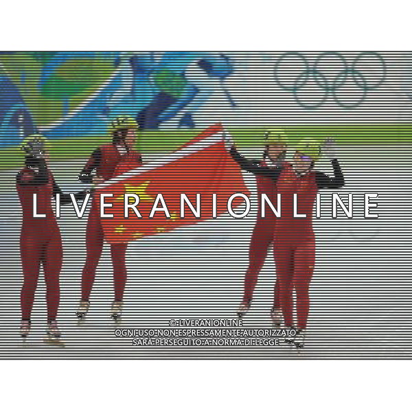 (100224) -- VANCOUVER, Feb. 24, 2010 () -- China\'s Sun Linlin, Wang Meng, Zhang Hui and Zhou Yang (L-R) react after the women\'s 3000m relay final of short track speed skating at the 2010 Winter Olympic Games in Vancouver, Canada, Feb. 24, 2010. China\'s team won the title of the event with a world-record-breaking time 4:06.610. South Korea\'s team was disqualified. (/Yang Lei) /Agenzia Aldo Liverani Sas - ITALY ONLY - CANADA: 21mi GIOCHI OLIMPICI INVERNALI OLIMPIADI DI VANCOUVER 2010