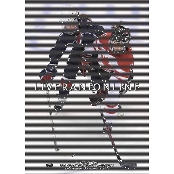 (100225) -- VANCOUVER, Feb. 25, 2010 () -- Canada\'s Rebecca Johnston (R) vies with Jenny Potter of the United States during the women\'s Gold Medal Hockey game at the 2010 Winter Olympic Games in Vancouver, Canada, Feb. 25, 2010. Canada\'s team claimed the title of the event after winning the match 2-0. (/Wu Wei) /Agenzia Aldo Liverani Sas - ITALY ONLY - CANADA: 21mi GIOCHI OLIMPICI INVERNALI OLIMPIADI DI VANCOUVER 2010