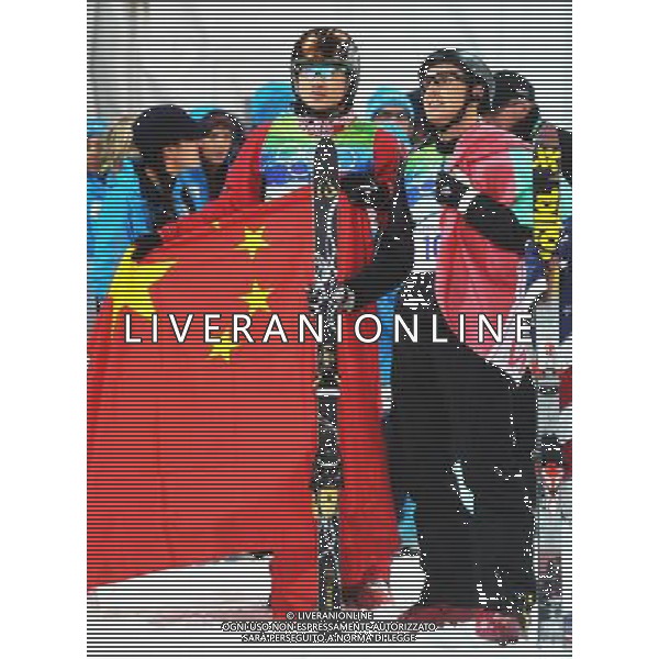 (100225) -- VANCOUVER, Feb. 25, 2010 () -- China\'s Liu Zhongqing (L) talks with Alexei Grishin of Belarus after the men\'s aerials final of Freestyle Skiing at the 2010 Winter Olympic Games in Cypress Mountain, Canada, Feb. 25, 2010. Alexei Grishin won a gold medal with 248.41 points and Liu Zhongqing won a bronze. (/Xu Jiajun) /Agenzia Aldo Liverani Sas - ITALY ONLY - CANADA: 21mi GIOCHI OLIMPICI INVERNALI OLIMPIADI DI VANCOUVER 2010