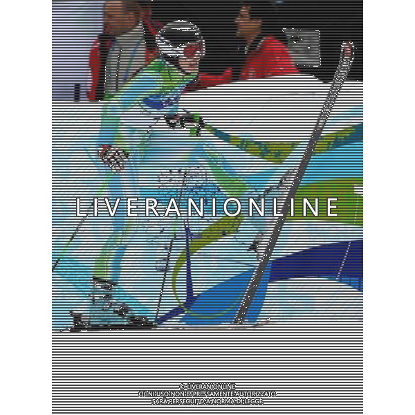 (100225) -- WHISTLER, Feb. 25, 2010 () -- Slovenia\'s Tina Maze reacts during the women\'s giant slalom of Alpine Skiing at the 2010 Winter Olympic Games in Whistler, Canada, Feb. 25, 2010. Tina Maze won a silver medal of the event with a total time of 2 minutes and 27.15 seconds. (/Chen Kai) /Agenzia Aldo Liverani Sas - ITALY ONLY - CANADA: 21mi GIOCHI OLIMPICI INVERNALI OLIMPIADI DI VANCOUVER 2010