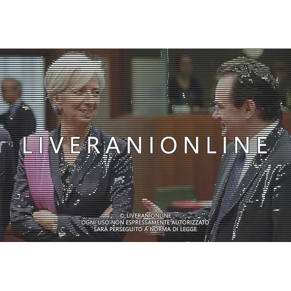 (L-R) French Minister for Economy Christine Lagarde and Greek finance Minister George Papakonstantinou chat at the start an European finance ministers meeting at the European council headquarters in Brussels, Belgium on 2010-03-16 © by Wiktor Dabkowski /Agenzia Aldo Liverani Sas - ITALY ONLY - BRUXELLES: CONSIGLIO DEI MINISTRI EUROPEI