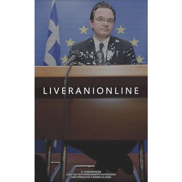 Giorgos Papakonstantinou addresses the media at the EU finance ministers meeting in Brussels, Belgium on 2010-03-16 Finance ministers of the 27 EU nations review Greek austerity measures and other financial regulations reform to ease the financial crisis. © by Wiktor Dabkowski /Agenzia Aldo Liverani Sas - ITALY ONLY - BRUXELLES: CONSIGLIO DEI MINISTRI EUROPEI