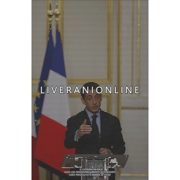 (100410) -- PARIS, April 10, 2010 -- French President Nicolas Sarkozy addresses the press conference of France-Italy Summit at the Elysee Palace, Paris, capital of France, April 9, 2010. The two leaders presided the signing of 20 agreements, letter of intents and joint declarations on Friday. Zhang Yuwei) (msq) /Agenzia Aldo Liverani Sas - ITALY ONLY -