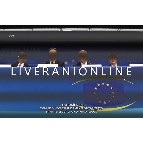 (100502) -- BRUSSELS, May 2, 2010 -- (From L to R) President of European Central Bank Jean-Claude Trichet, Greek Finance Minister George Papaconstantinou, President of Eurogroup and Prime Minister of Luxembourg Jean-Claude Juncker and European Commissioner for Economy and Monetary Affairs Olli Rehn attend a press conference after Eurogroup finance ministers meeting in Brussels, capital of Belgium on May 2, 2010. Eurozone finance ministers agreed on Sunday to activate the aid package for Greece, offering along with the International Monetary Fund (IMF) 110 billion euros to the debt-laden country in the next three years. Wu Wei) (zw) ©Photoshot/Agenzia Aldo Liverani Sas - ITALY ONLY - BRUXELLES: MEETING STRAORDINARIO EUROPEO DEI MINISTRI DELLE FINANZE DELL\'EUROGRUPPO SULLA CRISI FINANZIARIA E GLI AIUTI ALLA GRECIA