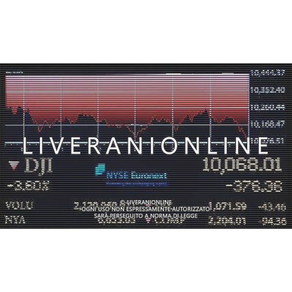 (100520) -- NEW YORK, May 20, 2010 () -- An electronic ticker shows the stocks index at the New York Stock Exchange in New York, the United States, May 20, 2010. U.S. stocks suffered another heavy sell-off on Thursday as an increase in jobless claims further pressured on a market worrying about euro zone economies. (/Shen Hong) (lx) ©Photoshot/Agenzia Aldo Liverani Sas - ITALY ONLY: OPERATORI - AGENTI DELLA BORSA DI NEW YORK (U.S.A.)