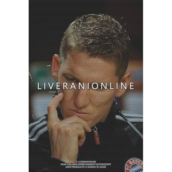 MADRID, SPAIN - MAY 21: In the handout image provided by UEFA, midfielder Bastian Schweinsteiger looks on during the Bayern Munich Press Conference prior to the UEFA Champions League Final match versus Inter Milan at the Estadio Santiago Bernabeu on May 21, 2010 in Madrid, Spain. MADRID, Spagna - 21 maggio: CALCIO SPORT NELLA FOTO il centrocampista Bastian Schweinsteiger del Bayern Monacodurante la Conferenza stampa prima della finale di UEFA Champions League contro l\'Inter al Estadio Santiago Madrid ph. UEFA/ALDO LIVERANI ONLY ITALY *** Local Caption *** Bastian Schweinsteiger