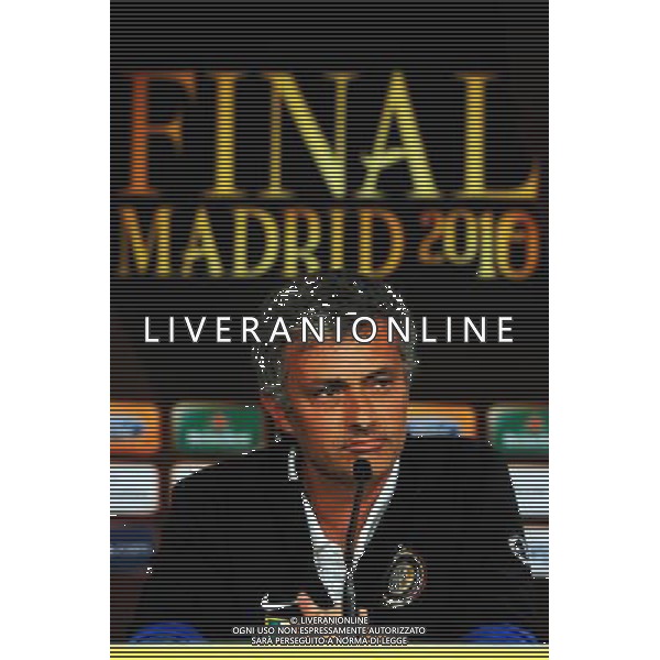 MADRID, SPAIN - MAY 21: In the handout image provided by UEFA, coach Jose Mourinho looks on during the Inter Milan Press Conference prior to the UEFA Champions League Final match versus Bayern Munich at the Estadio Santiago Bernabeu on May 21, 2010 in Madrid, Spain. (Photo by UEFA/UEFA) /Agenzia Aldo Liverani Sas - ITALY ONLY - MADRID SPAGNA: CONFERENZA STAMPA INTER IN VISTA DELLA FINALE DI CHAMPIONS LEAGUE DI MADRID CONTRO IL BAYERN MONACO *** Local Caption *** Jose Mourinho
