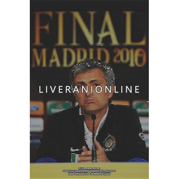 MADRID, SPAIN - MAY 21: In the handout image provided by UEFA, coach Jose Mourinho looks on during the Inter Milan Press Conference prior to the UEFA Champions League Final match versus Bayern Munich at the Estadio Santiago Bernabeu on May 21, 2010 in Madrid, Spain. (Photo by UEFA/UEFA) /Agenzia Aldo Liverani Sas - ITALY ONLY - MADRID SPAGNA: CONFERENZA STAMPA INTER IN VISTA DELLA FINALE DI CHAMPIONS LEAGUE DI MADRID CONTRO IL BAYERN MONACO *** Local Caption *** Jose Mourinho