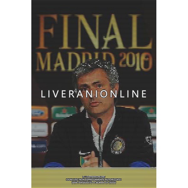 MADRID, SPAIN - MAY 21: In the handout image provided by UEFA, coach Jose Mourinho looks on during the Inter Milan Press Conference prior to the UEFA Champions League Final match versus Bayern Munich at the Estadio Santiago Bernabeu on May 21, 2010 in Madrid, Spain. (Photo by UEFA/UEFA) /Agenzia Aldo Liverani Sas - ITALY ONLY - MADRID SPAGNA: CONFERENZA STAMPA INTER IN VISTA DELLA FINALE DI CHAMPIONS LEAGUE DI MADRID CONTRO IL BAYERN MONACO *** Local Caption *** Jose Mourinho