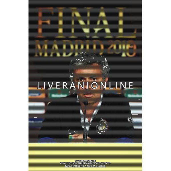 MADRID, SPAIN - MAY 21: In the handout image provided by UEFA, coach Jose Mourinho looks on during the Inter Milan Press Conference prior to the UEFA Champions League Final match versus Bayern Munich at the Estadio Santiago Bernabeu on May 21, 2010 in Madrid, Spain. (Photo by UEFA/UEFA) /Agenzia Aldo Liverani Sas - ITALY ONLY - MADRID SPAGNA: CONFERENZA STAMPA INTER IN VISTA DELLA FINALE DI CHAMPIONS LEAGUE DI MADRID CONTRO IL BAYERN MONACO *** Local Caption *** Jose Mourinho