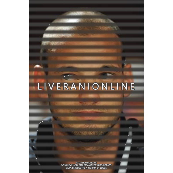 MADRID, SPAIN - MAY 21: In the handout image provided by UEFA, Wesley Sneijder looks on during the Inter Milan Press Conference prior to the UEFA Champions League Final match versus Bayern Munich at the Estadio Santiago Bernabeu on May 21, 2010 in Madrid, Spain. (Photo by UEFA/UEFA) /Agenzia Aldo Liverani Sas - ITALY ONLY - MADRID SPAGNA: CONFERENZA STAMPA INTER IN VISTA DELLA FINALE DI CHAMPIONS LEAGUE DI MADRID CONTRO IL BAYERN MONACO *** Local Caption *** Wesley Sneijder