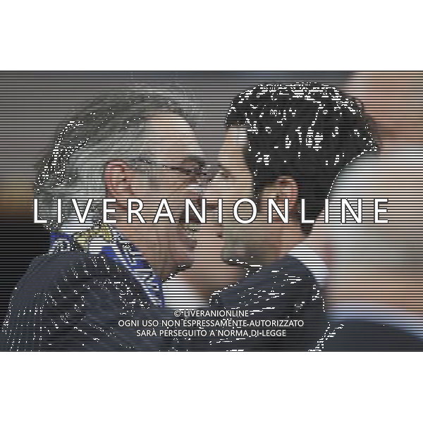 Internazionale Milan\'s President Massimo Moratti (l) and Luis Figo celebrate the victory in the UEFA Champions League final. May 22, 2010. (ALTERPHOTOS/Alvaro Hernandez) /Agenzia Aldo Liverani Sas - ITALY ONLY - Bayern Monaco- FC Inter Finale Champions League 2009/2010 Madrid (Stadio Santiago Bernabeu)
