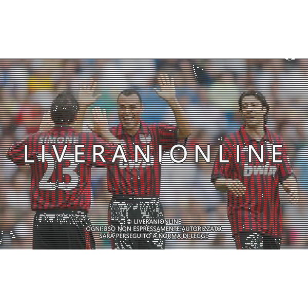 AC Milan\'s Cafu, Marco Simone and RuiCosta celebrate during corazon classic friendly veterans match. May 30, 2010. Photo: Alvaro / Alter / ALFAQUI ©AG . ALDO LIVERANI SAS ONLY ITALY