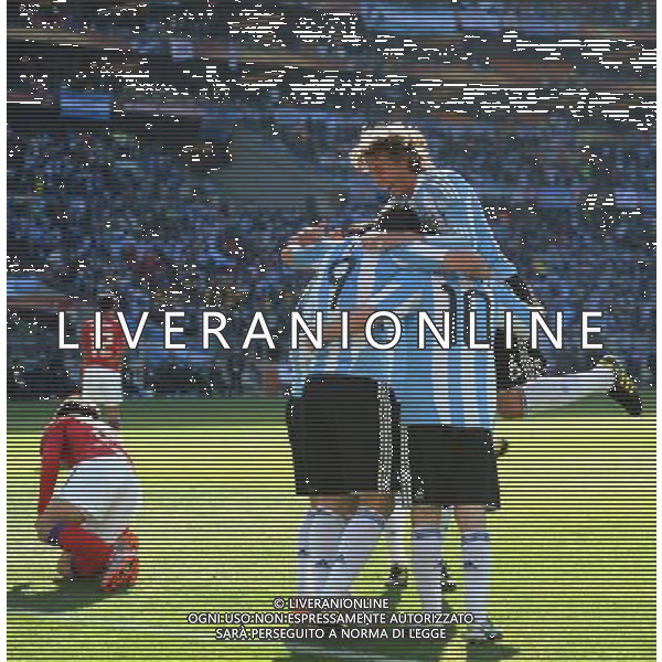 (100617) -- JOHANNESBURG, June 17, 2010 -- Argentina\'s Gabriel Heinze(Top) celebrates with his teammates during a 2010 World Cup Group B match between Argentina and South Korea at the Soccer City stadium in Soweto, suburban Johannesburg, South Africa, on June 17, 2010. Guo Yong) (ljq) ©Photoshot/Agenzia Aldo Liverani Sas - ITALY ONLY - ARGENTINA - COREA DEL SUD FIFA WORLD CUP CAMPIONATI MONDIALI SUD AFRICA 2010