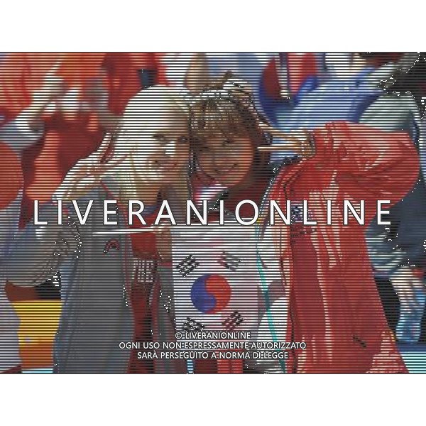 (100617) -- JOHANNESBURG, June 17, 2010 -- Two South Korean supporters pose for a photo prior to a 2010 World Cup Group B match between Argentina and South Korea at the Soccer City stadium in Soweto, suburban Johannesburg, South Africa, on June 17, 2010. Guo Yong) (zc) ©Photoshot/Agenzia Aldo Liverani Sas - ITALY ONLY - ARGENTINA - COREA DEL SUD FIFA WORLD CUP CAMPIONATI MONDIALI SUD AFRICA 2010