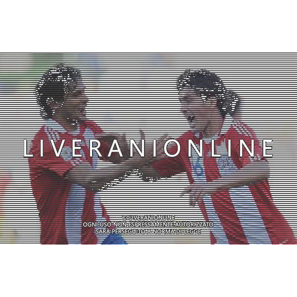 (100620) -- BLOEMFONTEIN, June 20, 2010 () -- Paraguay\'s Cristian Riveros (R) celebrates his scoring during the 2010 World Cup Group F football match against Slovakia at Free State Stadium in Bloemfontein, South Africa, on June 20, 2010. Paraguay won 2-0. (/Li Ga)(kh) ©Photoshot/Agenzia Aldo Liverani Sas - ITALY ONLY: PARAGUAY - SLOVACCHIA FIFA WORLD CUP CAMPIONATI MONDIALI SUD AFRICA 2010