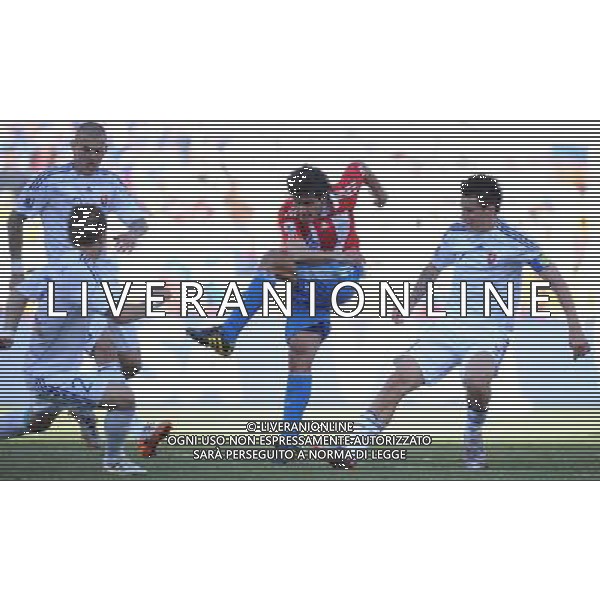 (100620) -- BLOEMFONTEIN, June 20, 2010 () -- Paraguay\'s Cristian Riveros (2nd R) shoots and scores during the 2010 World Cup Group F football match against Slovakia at Free State Stadium in Bloemfontein, South Africa, on June 20, 2010. Paraguay won 2-0. (/Li Ga)(kh) ©Photoshot/Agenzia Aldo Liverani Sas - ITALY ONLY: PARAGUAY - SLOVACCHIA FIFA WORLD CUP CAMPIONATI MONDIALI SUD AFRICA 2010