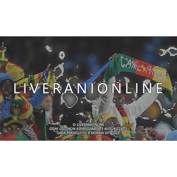 (100620) -- TSHWANE, June 20, 2010 () -- A fan holding a banner cheers for Cameroon before the start of the 2010 World Cup Group E soccer match between Cameroon and Denmark at Loftus Verfeld stadium in Tshwane, South Africa, on June 19, 2010. (/Yang Lei)(fym) ©Photoshot/Agenzia Aldo Liverani Sas - ITALY ONLY: CAMERUN - DANIMARCA FIFA WORLD CUP CAMPIONATI MONDIALI SUD AFRICA 2010