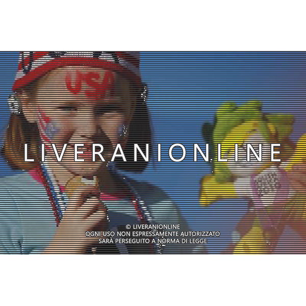 A little American fan holds a mascot Zakumi during the World Cup group C soccer match between USA and Slovenia in Johannesburg in South Africa on Friday, June 18, 2010. The match ended in a 2-2 draw.(Photo By Wei Zheng/ColorChinaPhoto) - Ag. Aldo Liverani sas ITALY ONLY SLOVENIA - STATI UNITI FIFA WORLD CUP CAMPIONATI MONDIALI SUD AFRICA 2010