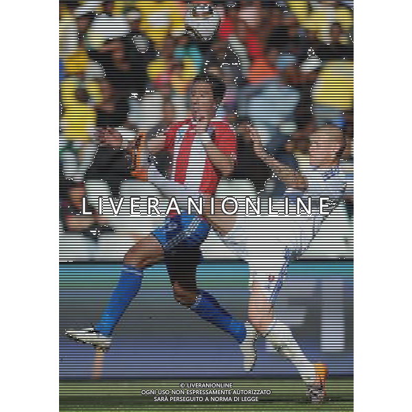 (100620) -- BLOEMFONTEIN, June 20, 2010 () -- Paraguay\'s Lucas Barrios (L) vies with Slovakia\'s Martin Skrtel during the 2010 World Cup Group F football match at Free State Stadium in Bloemfontein, South Africa, on June 20, 2010. Paraguay won 2-0. (/Li Ga)(kh) ©Photoshot/Agenzia Aldo Liverani Sas - ITALY ONLY: PARAGUAY - SLOVACCHIA FIFA WORLD CUP CAMPIONATI MONDIALI SUD AFRICA 2010